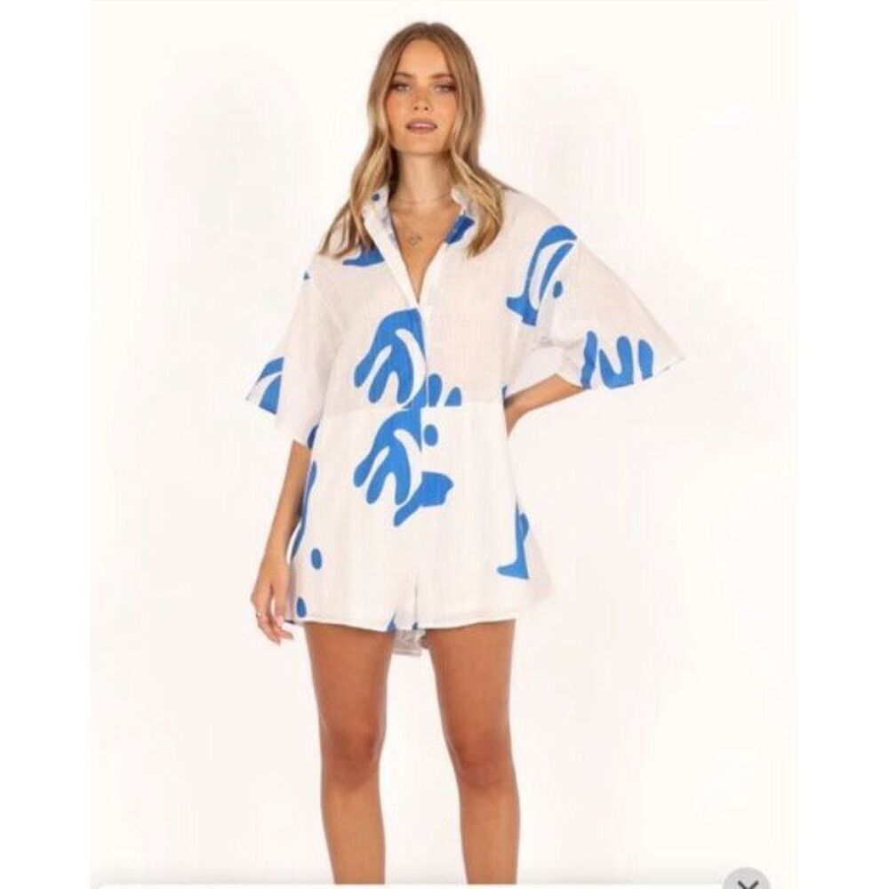 Petal & Pup KELLIE ROMPER - WHITE/BLUE Nwot Size XL